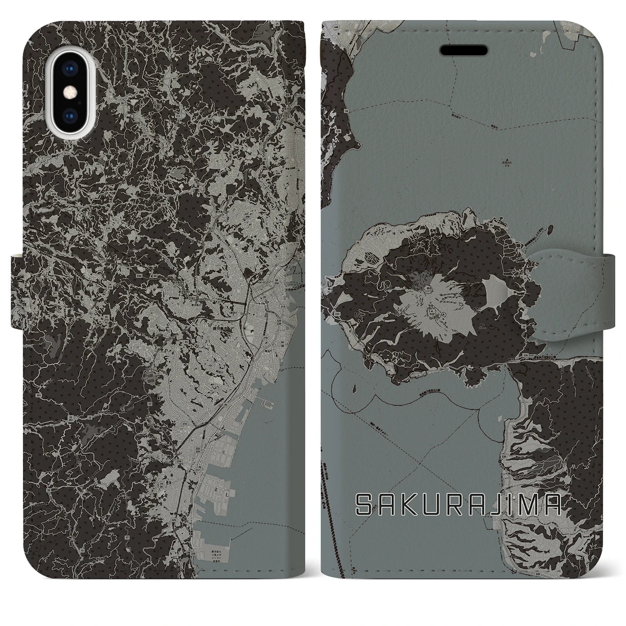 【桜島(鹿児島県)】地図柄iPhoneケース(手帳タイプ)モノトーン・iPhone XS Max 用