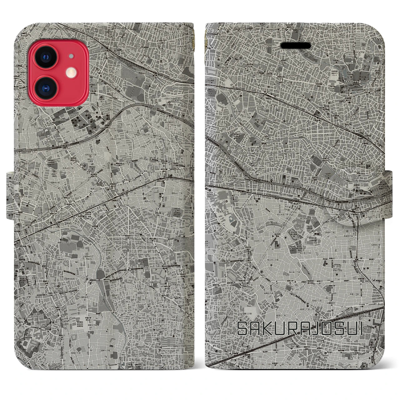 【桜上水(東京都)】地図柄iPhoneケース(手帳タイプ)モノトーン・iPhone 11 用