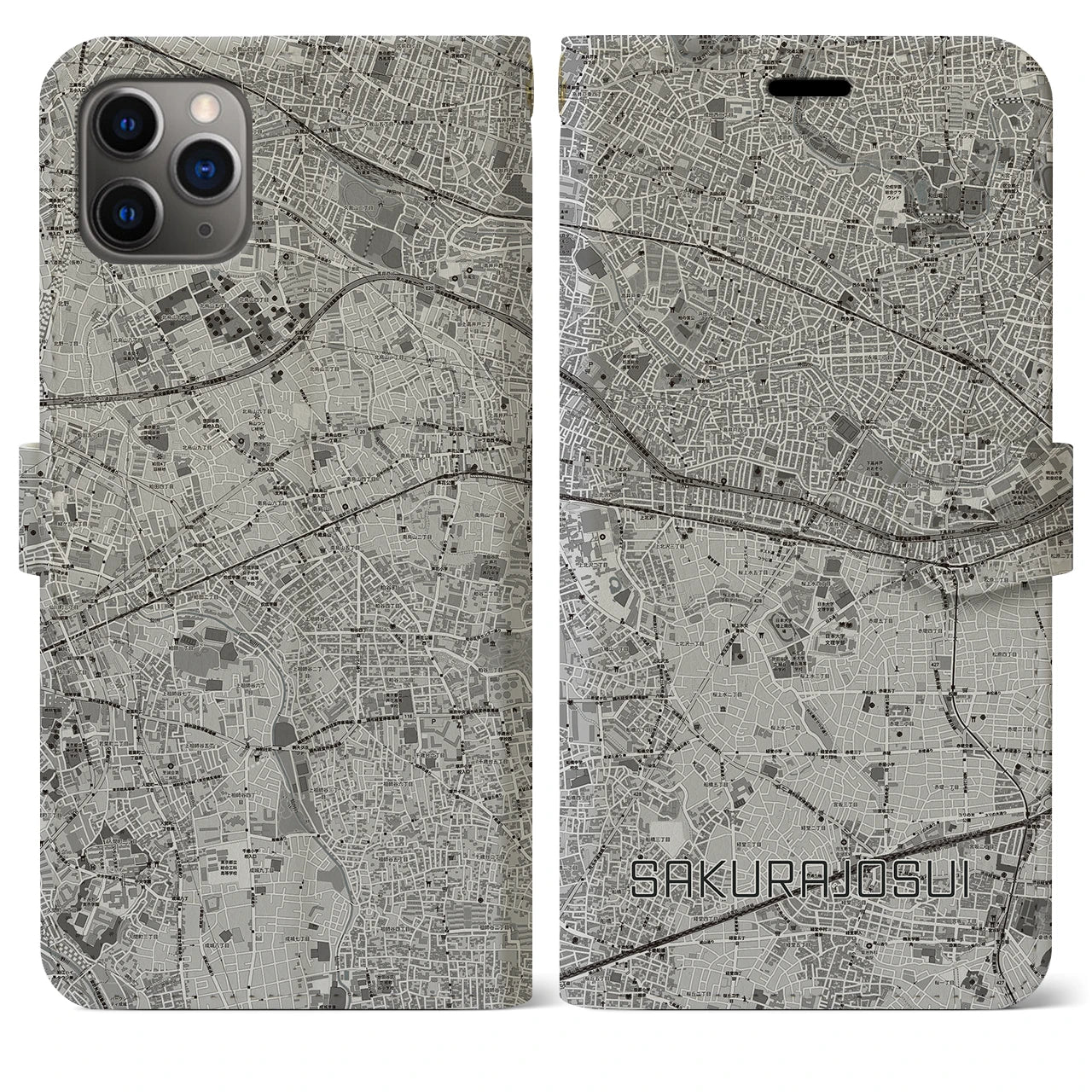 【桜上水(東京都)】地図柄iPhoneケース(手帳タイプ)モノトーン・iPhone 11 Pro Max 用