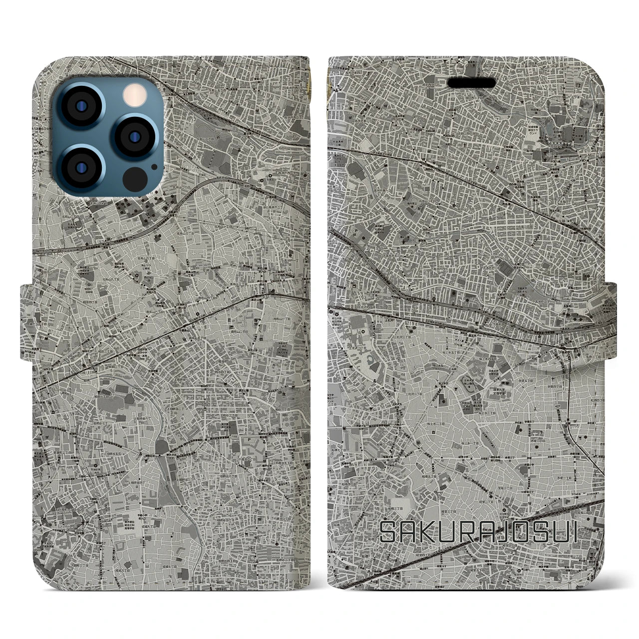 【桜上水(東京都)】地図柄iPhoneケース(手帳タイプ)モノトーン・iPhone 12 / 12 Pro 用