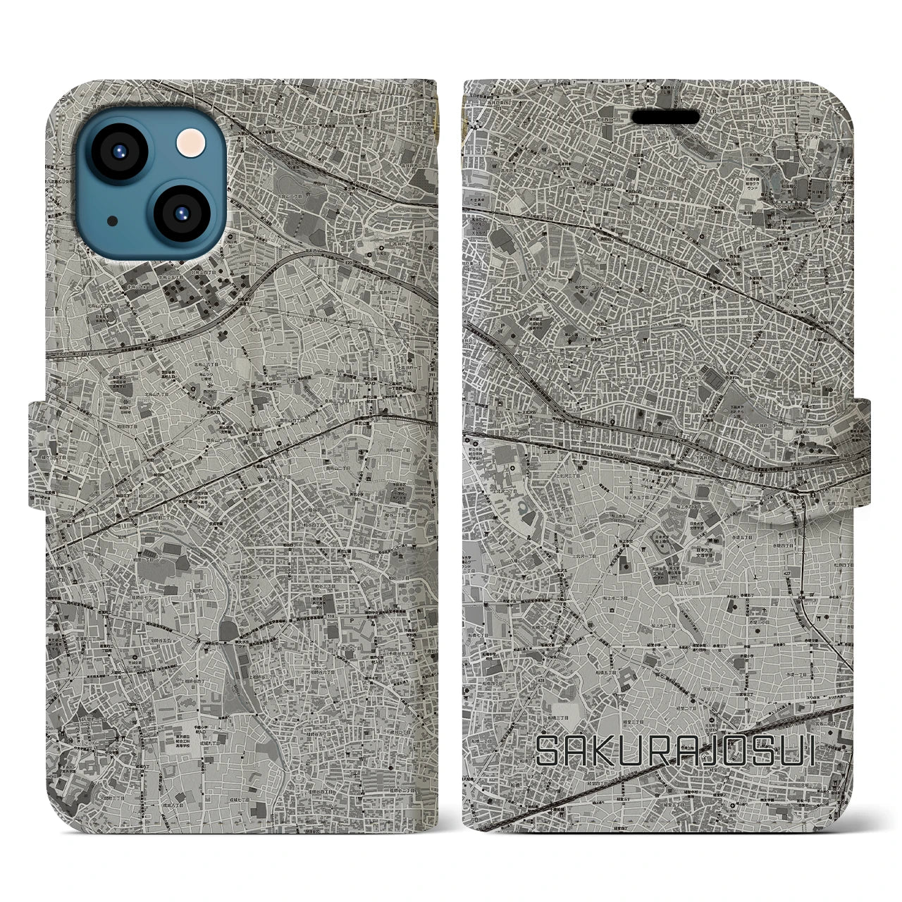 【桜上水(東京都)】地図柄iPhoneケース(手帳タイプ)モノトーン・iPhone 13 用
