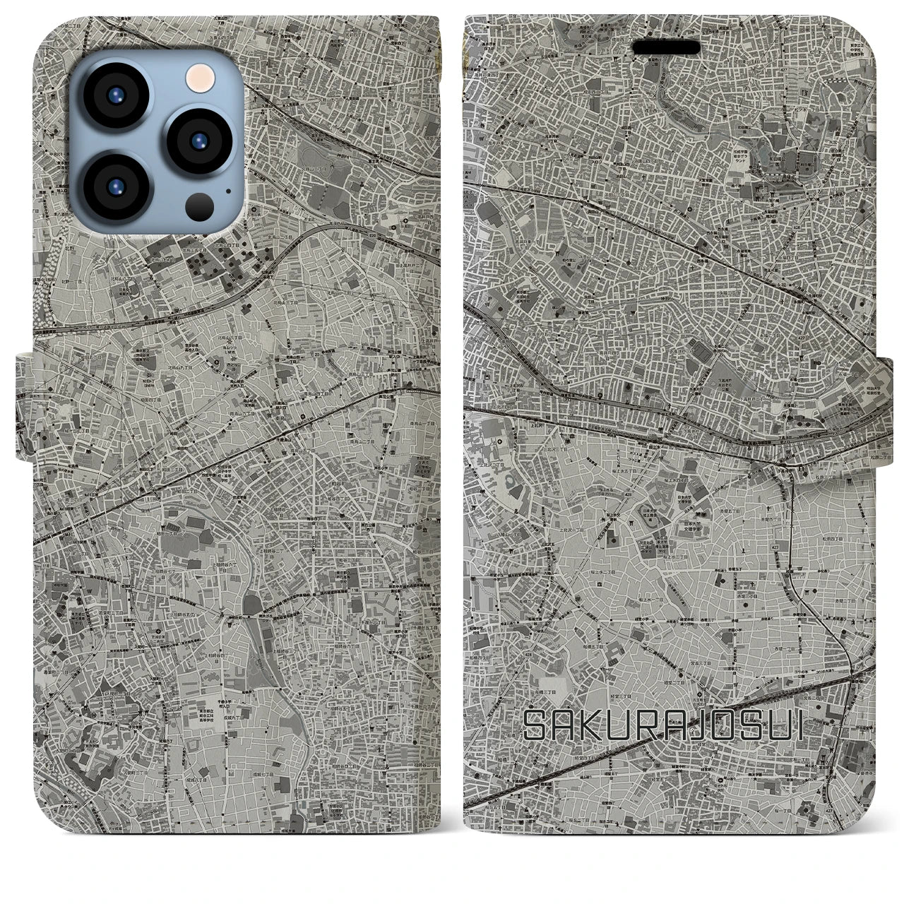【桜上水(東京都)】地図柄iPhoneケース(手帳タイプ)モノトーン・iPhone 13 Pro Max 用