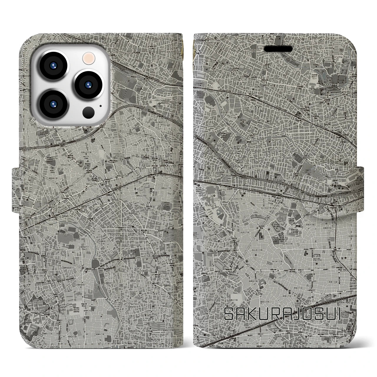 【桜上水(東京都)】地図柄iPhoneケース(手帳タイプ)モノトーン・iPhone 13 Pro 用