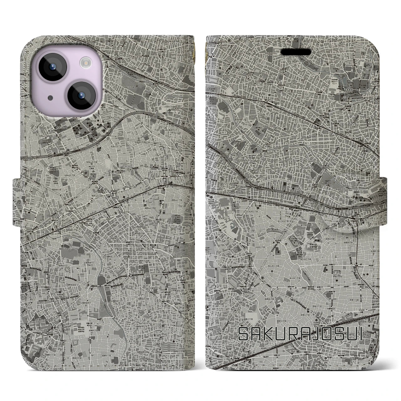 【桜上水(東京都)】地図柄iPhoneケース(手帳タイプ)モノトーン・iPhone 14 用