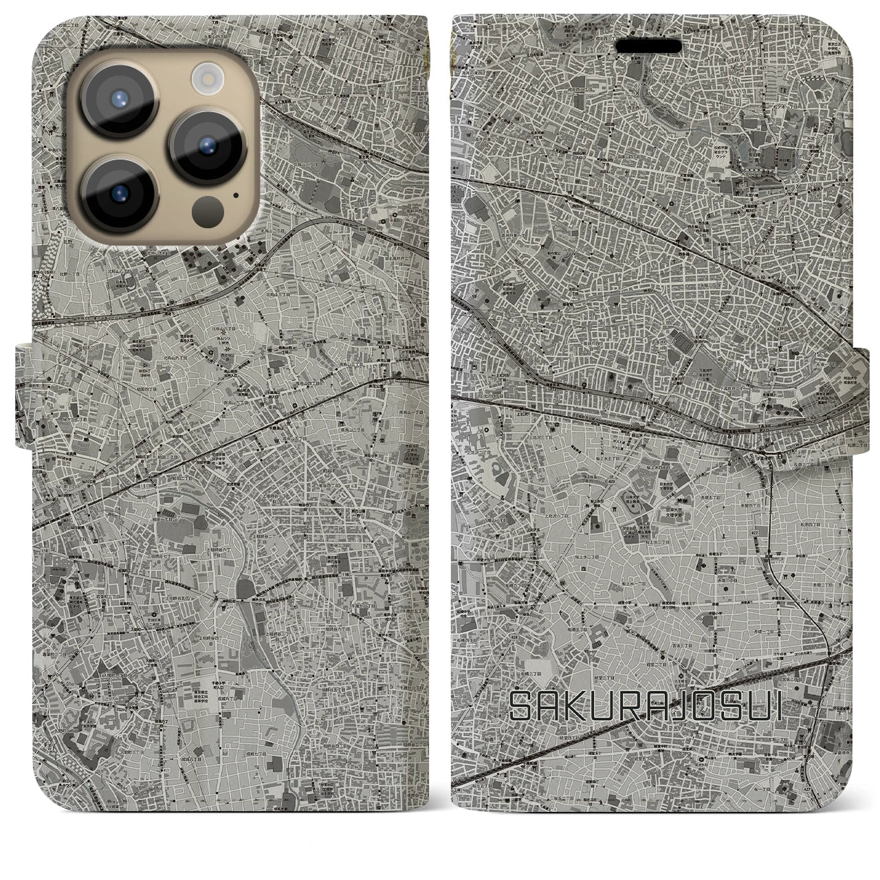 【桜上水(東京都)】地図柄iPhoneケース(手帳タイプ)モノトーン・iPhone 14 Pro Max 用