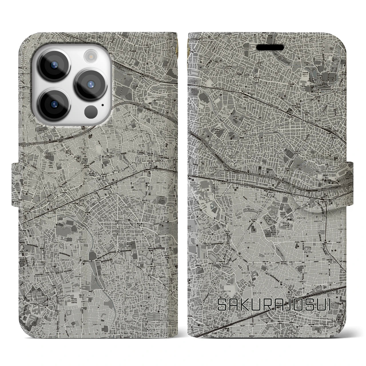 【桜上水(東京都)】地図柄iPhoneケース(手帳タイプ)モノトーン・iPhone 14 Pro 用