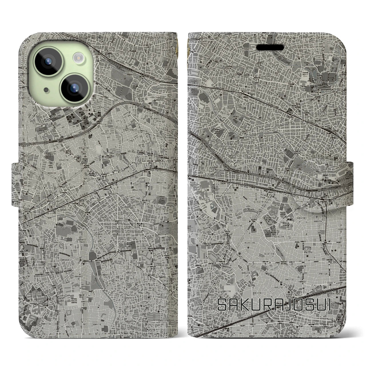【桜上水(東京都)】地図柄iPhoneケース(手帳タイプ)モノトーン・iPhone 15 用