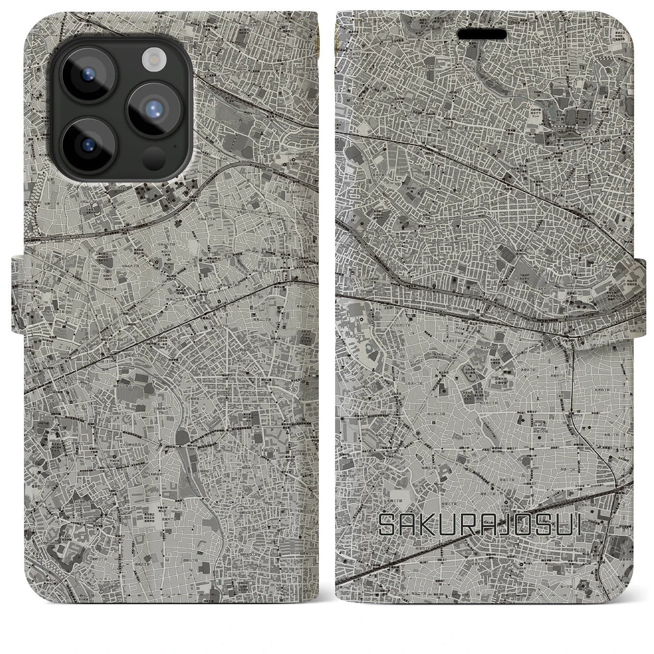 【桜上水(東京都)】地図柄iPhoneケース(手帳タイプ)モノトーン・iPhone 15 Pro Max 用