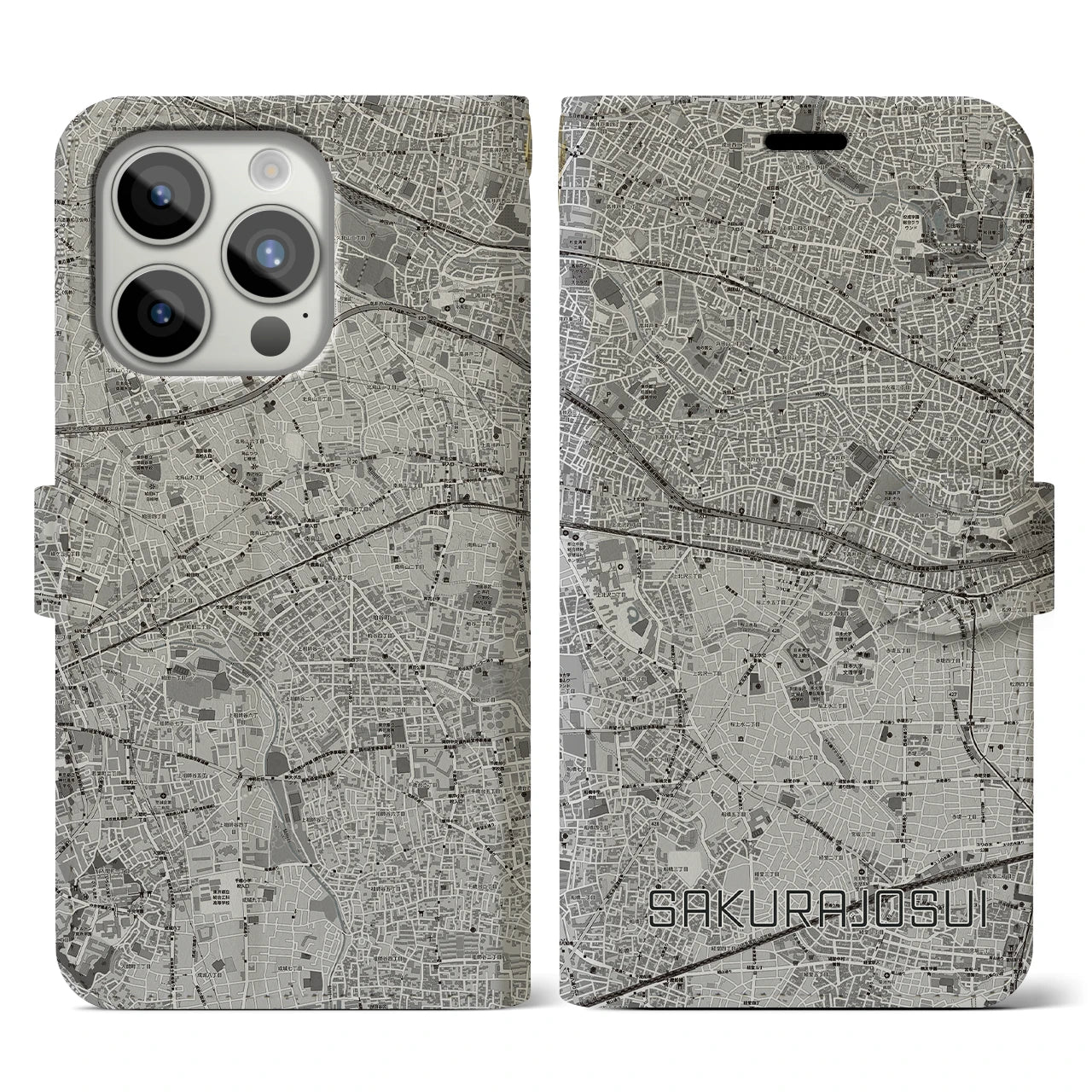 【桜上水(東京都)】地図柄iPhoneケース(手帳タイプ)モノトーン・iPhone 15 Pro 用