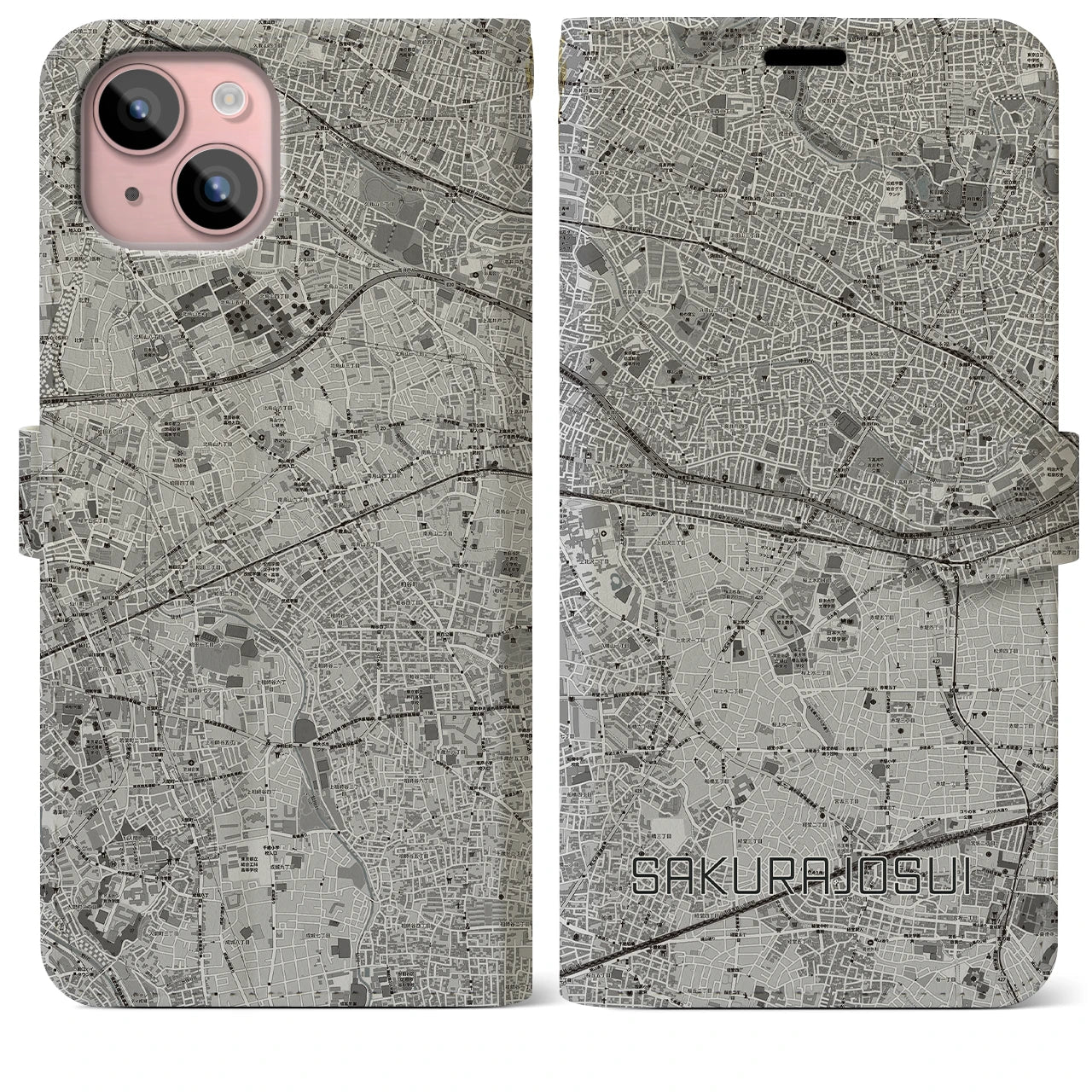 【桜上水(東京都)】地図柄iPhoneケース(手帳タイプ)モノトーン・iPhone 15 Plus 用