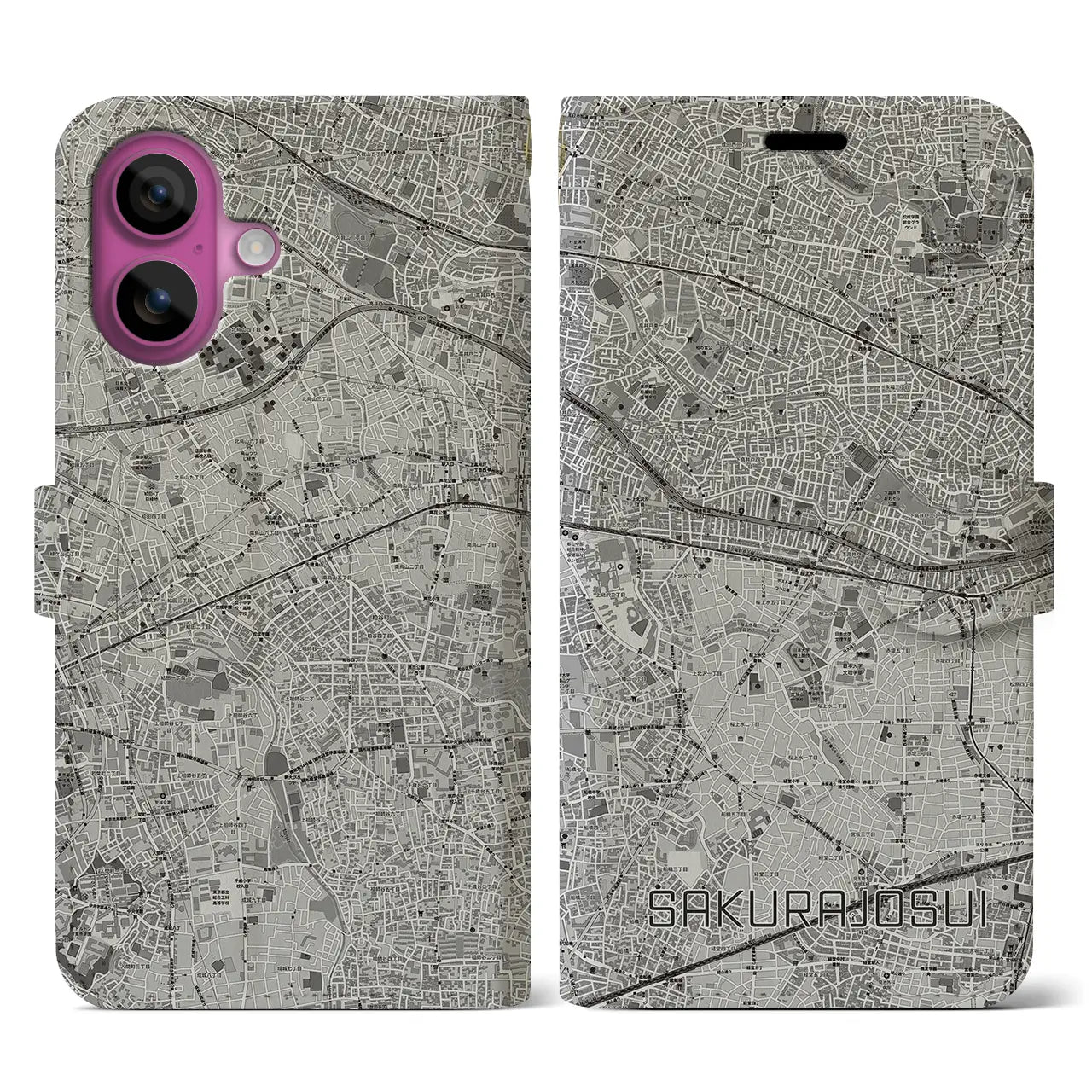 【桜上水(東京都)】地図柄iPhoneケース(手帳タイプ)モノトーン・iPhone 16 Pro 用