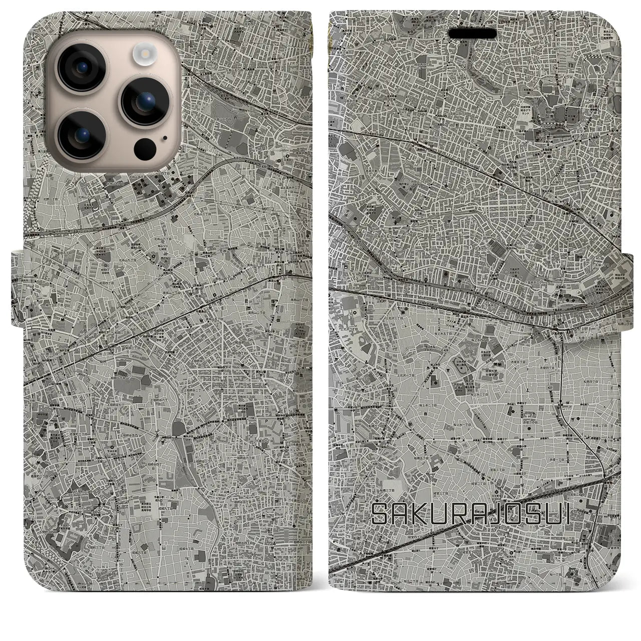 【桜上水(東京都)】地図柄iPhoneケース(手帳タイプ)モノトーン・iPhone 16 Plus 用
