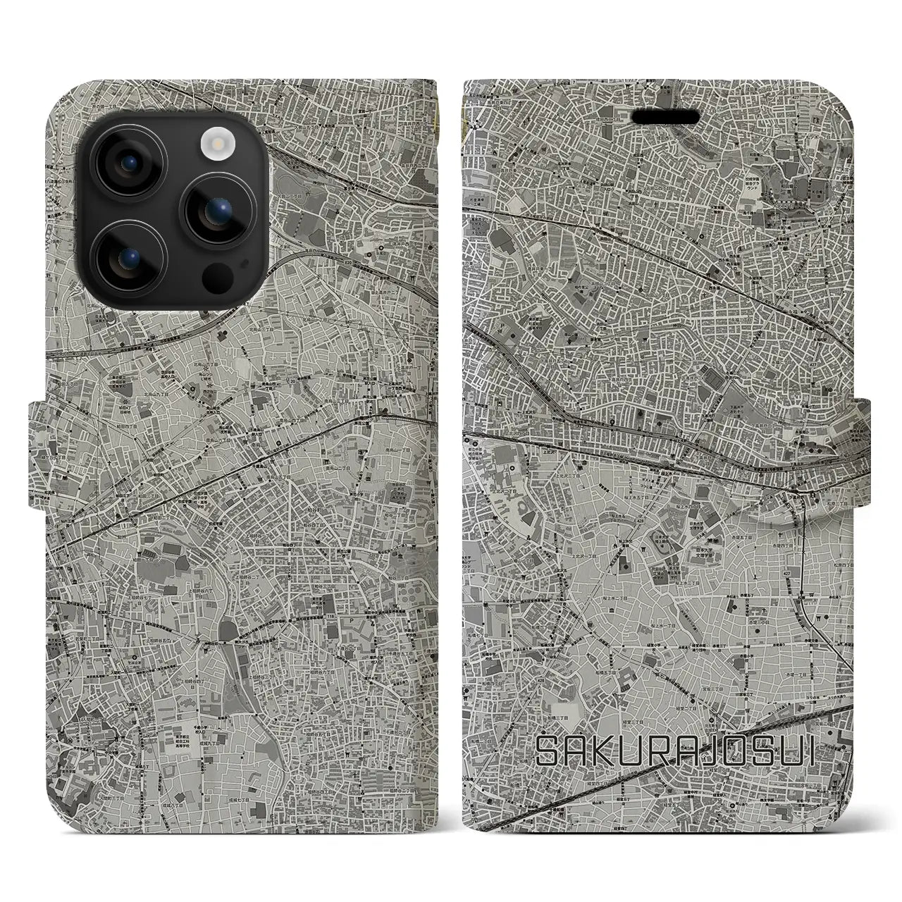 【桜上水(東京都)】地図柄iPhoneケース(手帳タイプ)モノトーン・iPhone 16 用