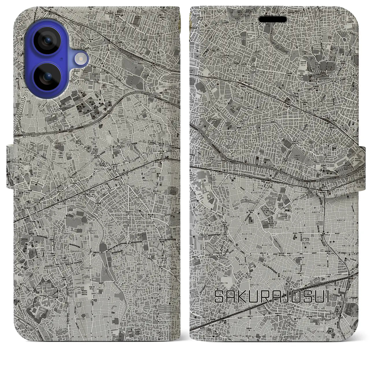 【桜上水(東京都)】地図柄iPhoneケース(手帳タイプ)モノトーン・iPhone 16 Pro Max 用
