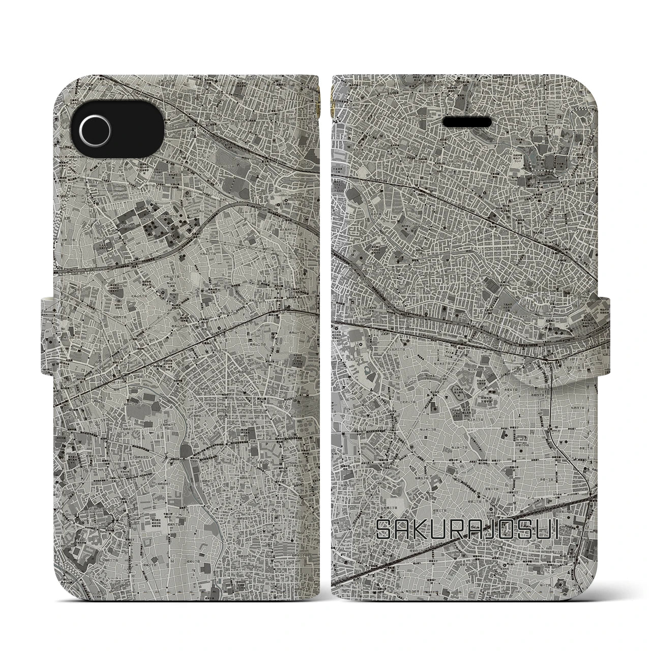 【桜上水(東京都)】地図柄iPhoneケース(手帳タイプ)モノトーン・iPhone SE(第3 / 第2世代) / 8 / 7 / 6s / 6 用