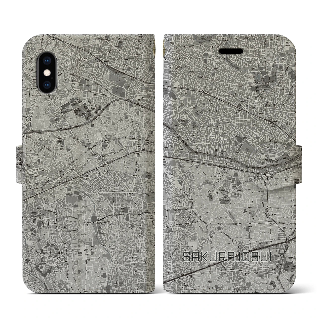 【桜上水(東京都)】地図柄iPhoneケース(手帳タイプ)モノトーン・iPhone XS / X 用