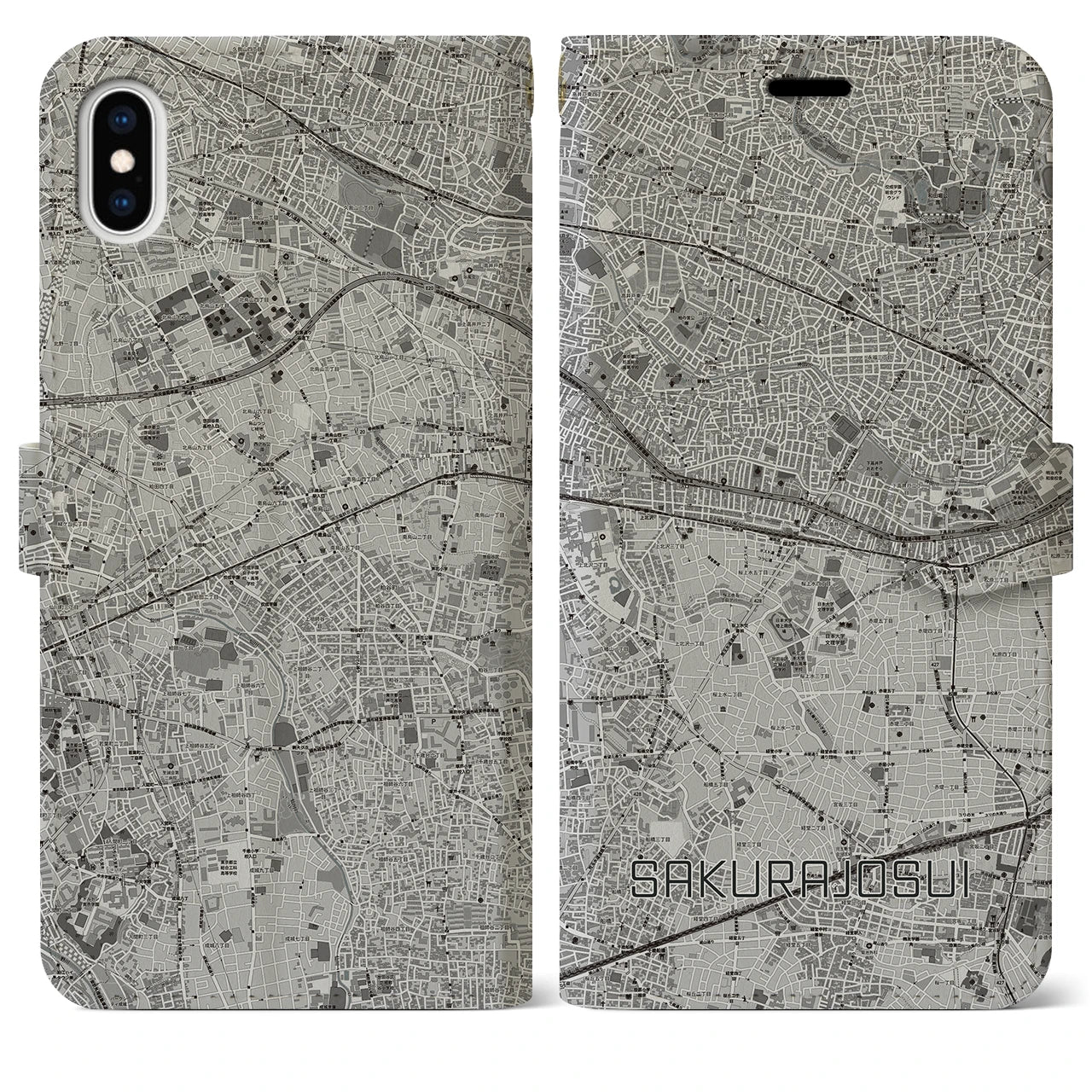 【桜上水(東京都)】地図柄iPhoneケース(手帳タイプ)モノトーン・iPhone XS Max 用