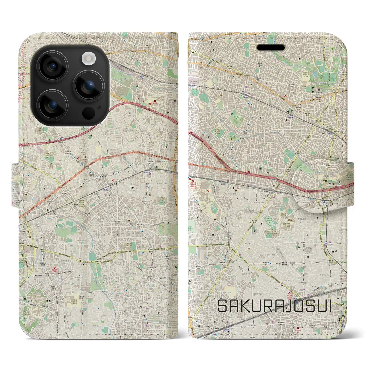 【桜上水(東京都)】地図柄iPhoneケース(手帳タイプ)ナチュラル・iPhone 16 用