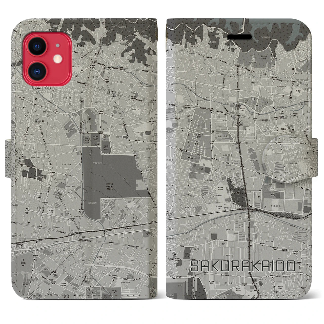 【桜街道(東京都)】地図柄iPhoneケース(手帳タイプ)モノトーン・iPhone 11 用