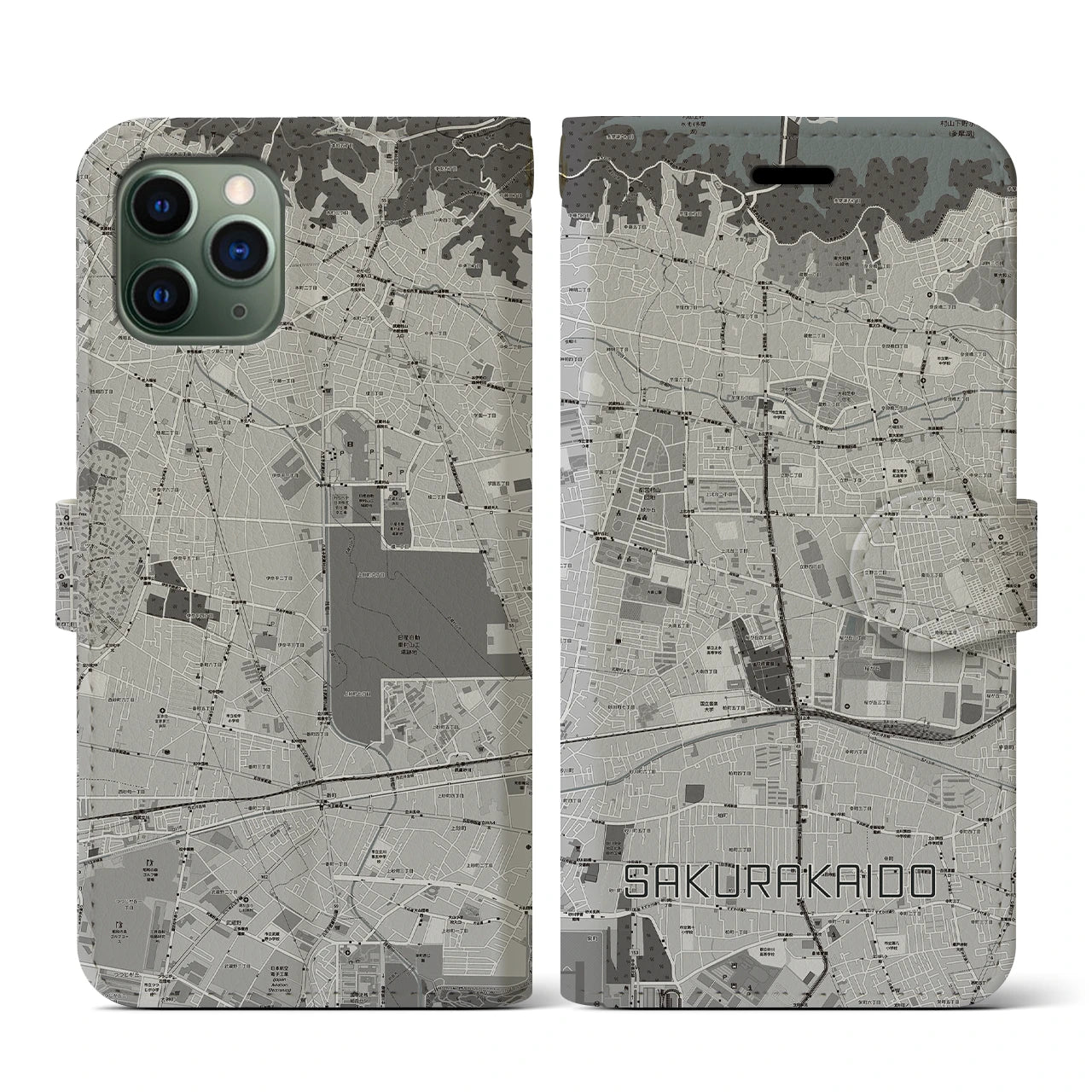 【桜街道(東京都)】地図柄iPhoneケース(手帳タイプ)モノトーン・iPhone 11 Pro 用