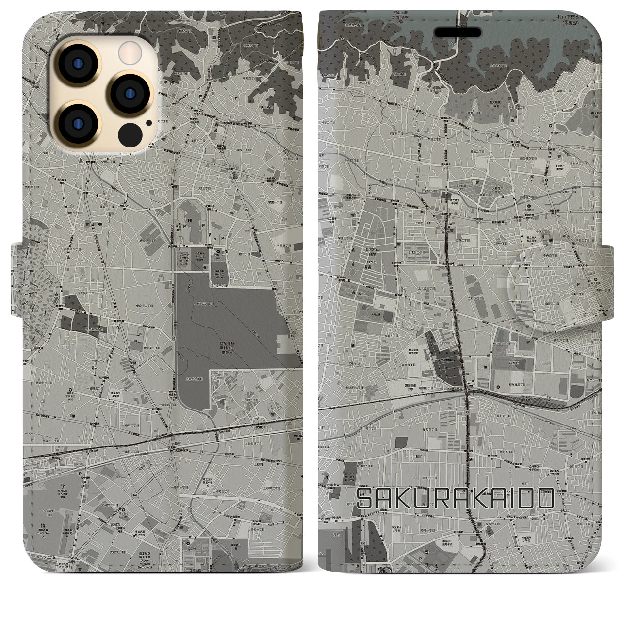 【桜街道(東京都)】地図柄iPhoneケース(手帳タイプ)モノトーン・iPhone 12 Pro Max 用