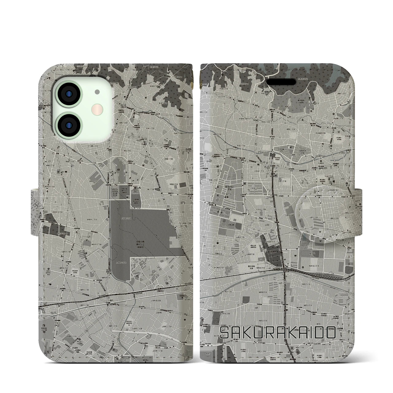 【桜街道(東京都)】地図柄iPhoneケース(手帳タイプ)モノトーン・iPhone 12 mini 用