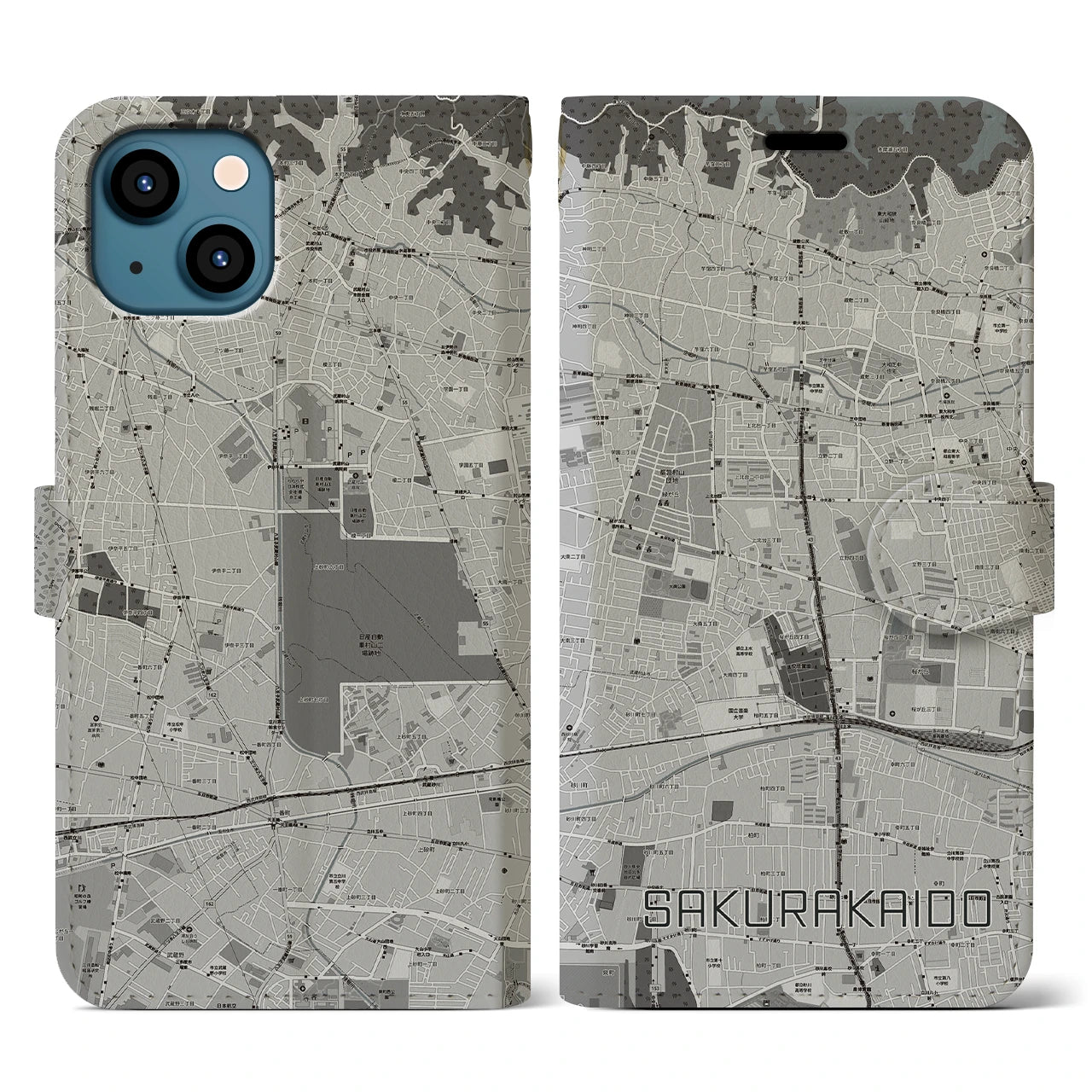 【桜街道(東京都)】地図柄iPhoneケース(手帳タイプ)モノトーン・iPhone 13 用