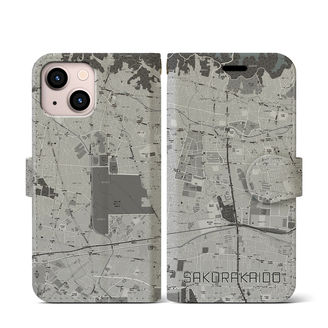 【桜街道(東京都)】地図柄iPhoneケース(手帳タイプ)モノトーン・iPhone 13 mini 用