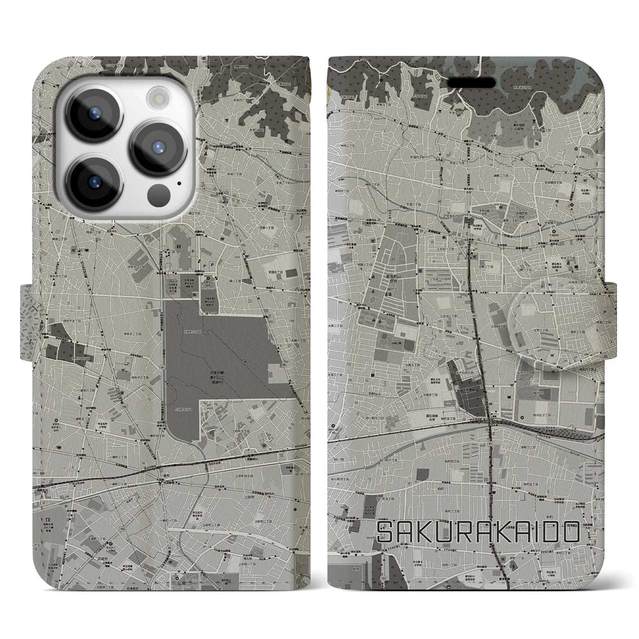 【桜街道(東京都)】地図柄iPhoneケース(手帳タイプ)モノトーン・iPhone 14 Pro 用