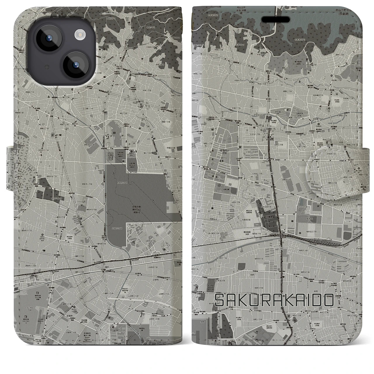 【桜街道(東京都)】地図柄iPhoneケース(手帳タイプ)モノトーン・iPhone 14 Plus 用