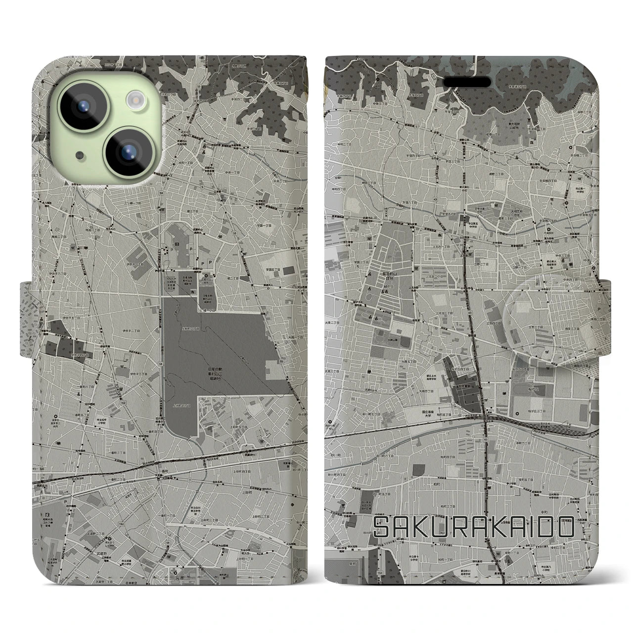 【桜街道(東京都)】地図柄iPhoneケース(手帳タイプ)モノトーン・iPhone 15 用