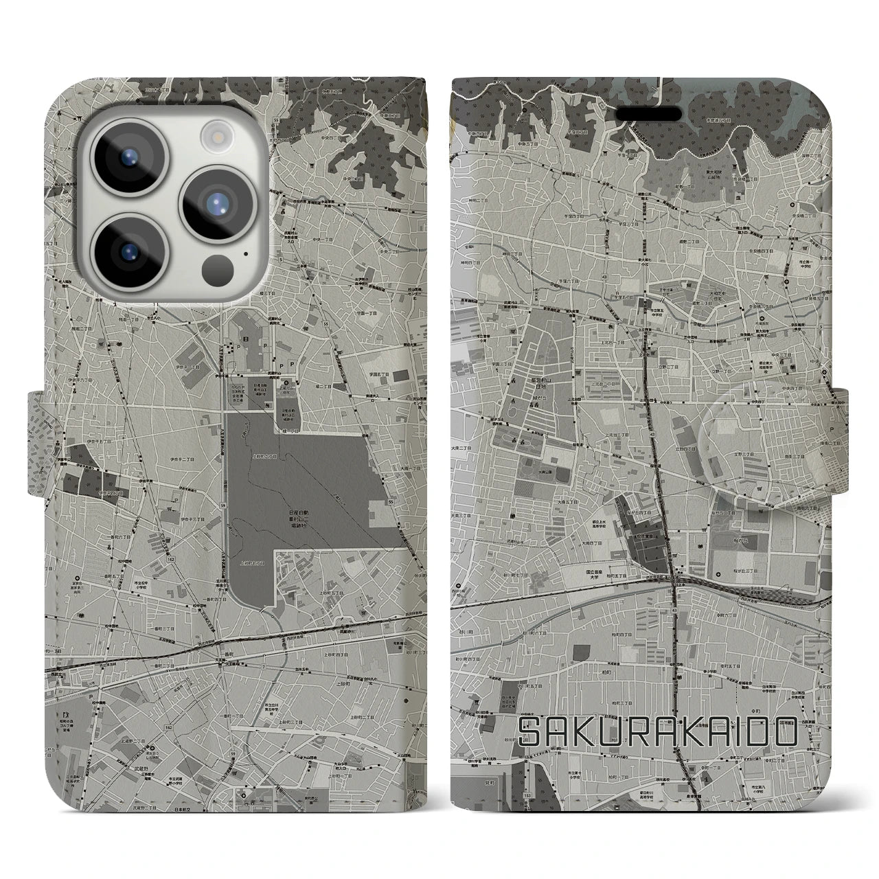 【桜街道(東京都)】地図柄iPhoneケース(手帳タイプ)モノトーン・iPhone 15 Pro 用