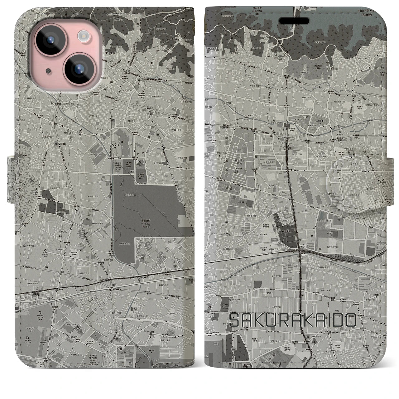 【桜街道(東京都)】地図柄iPhoneケース(手帳タイプ)モノトーン・iPhone 15 Plus 用