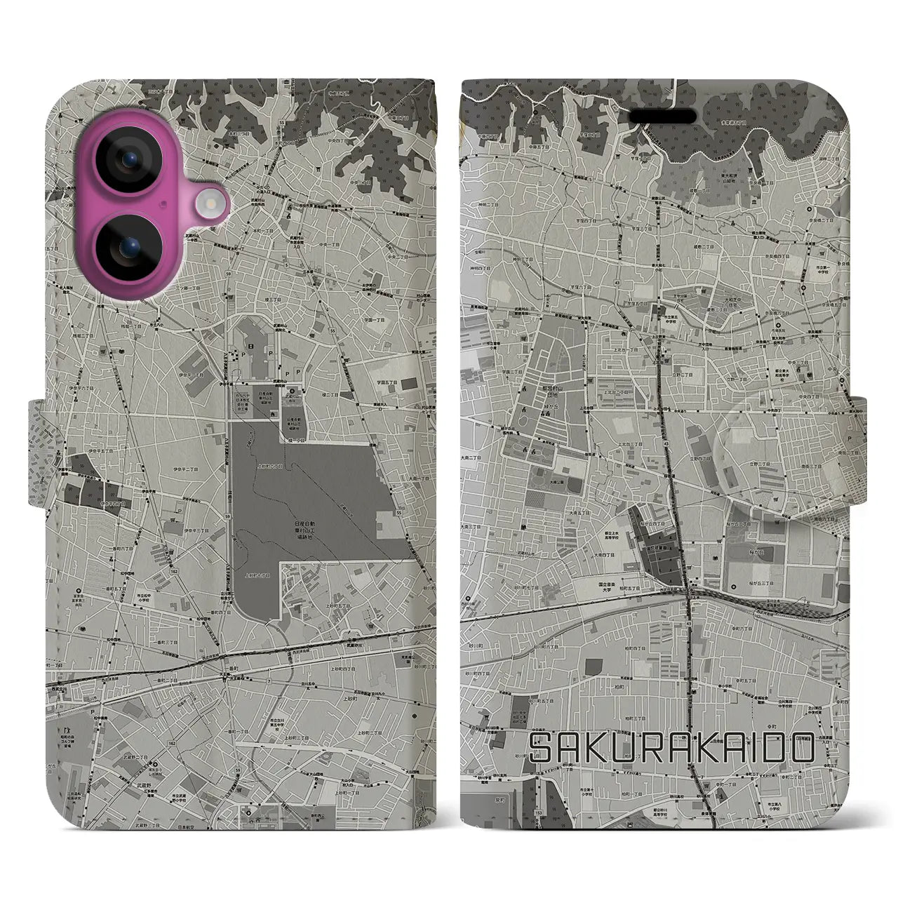 【桜街道(東京都)】地図柄iPhoneケース(手帳タイプ)モノトーン・iPhone 16 Pro 用