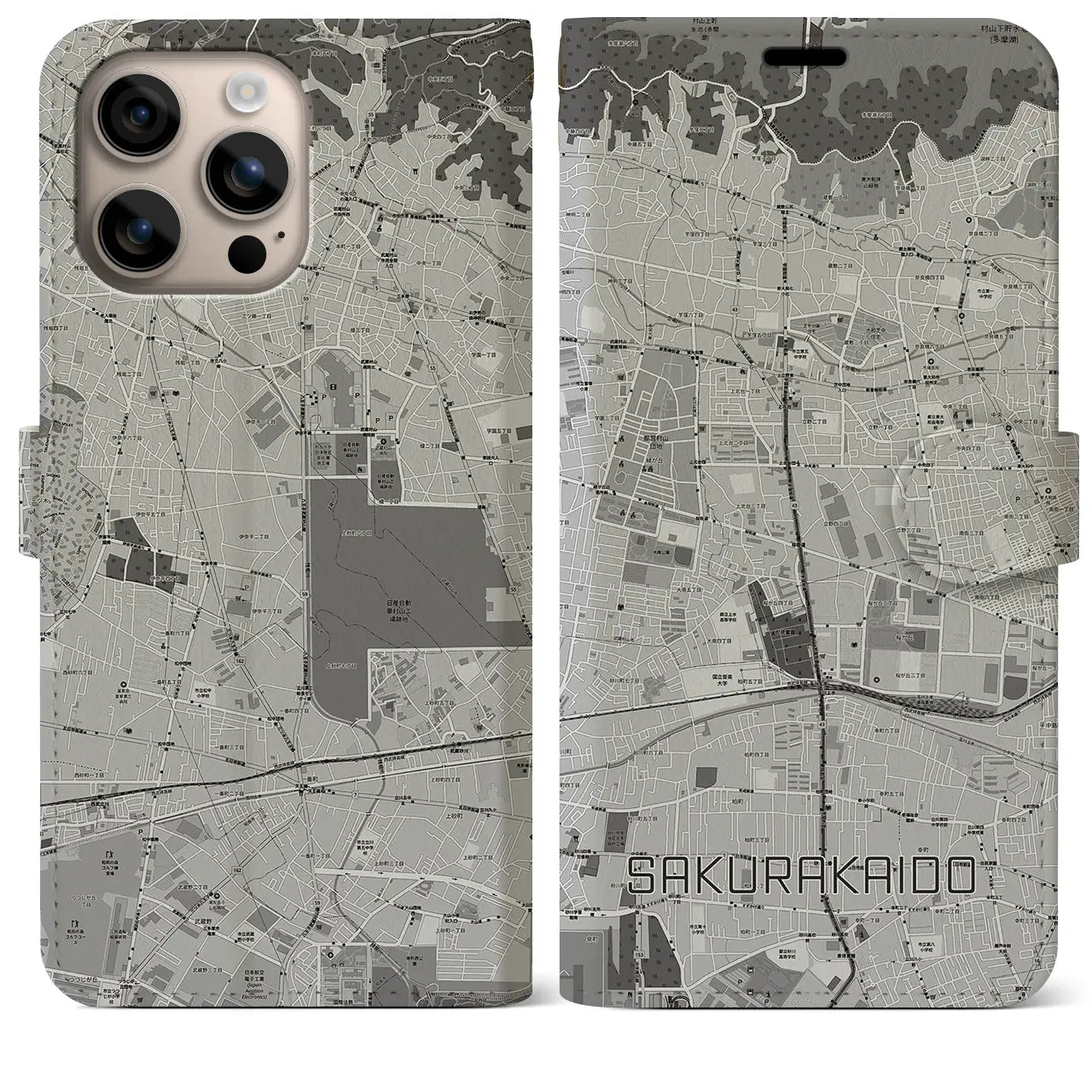 【桜街道(東京都)】地図柄iPhoneケース(手帳タイプ)モノトーン・iPhone 16 Plus 用