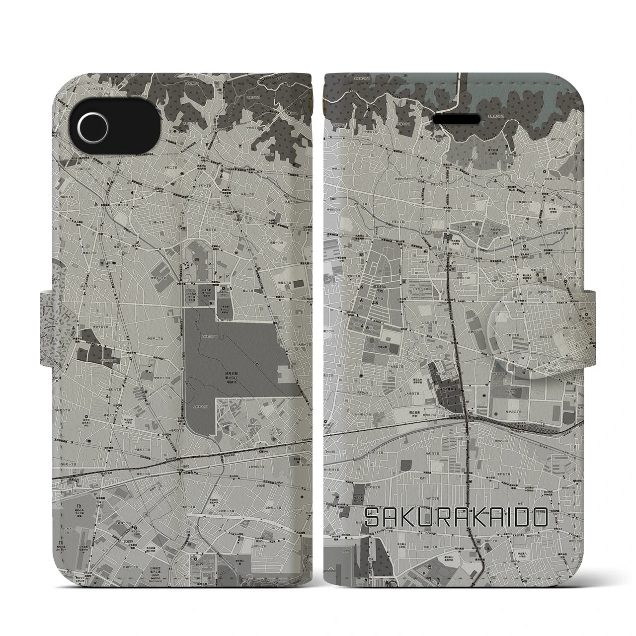 【桜街道(東京都)】地図柄iPhoneケース(手帳タイプ)モノトーン・iPhone SE(第3 / 第2世代) / 8 / 7 / 6s / 6 用