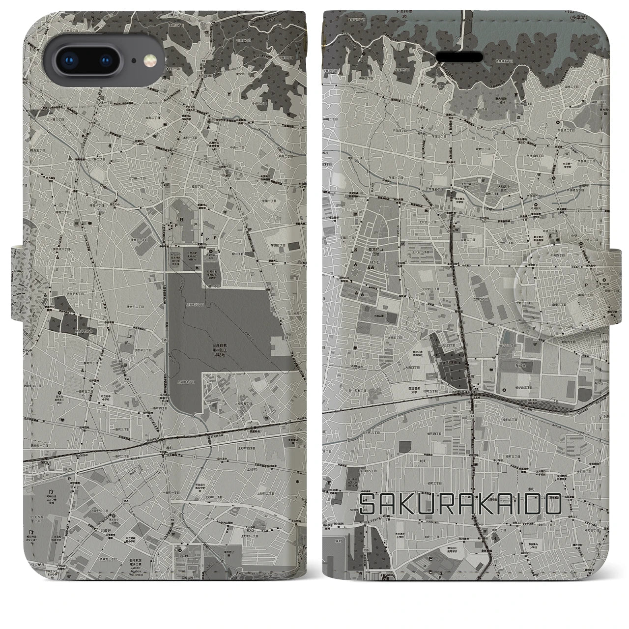 【桜街道(東京都)】地図柄iPhoneケース(手帳タイプ)モノトーン・iPhone 8Plus /7Plus / 6sPlus / 6Plus 用