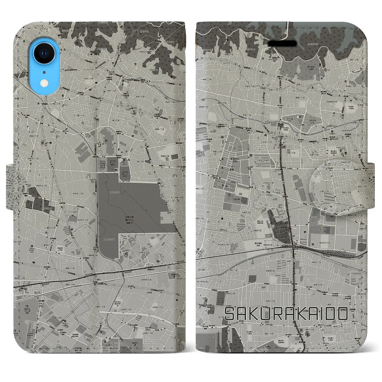 【桜街道(東京都)】地図柄iPhoneケース(手帳タイプ)モノトーン・iPhone XR 用