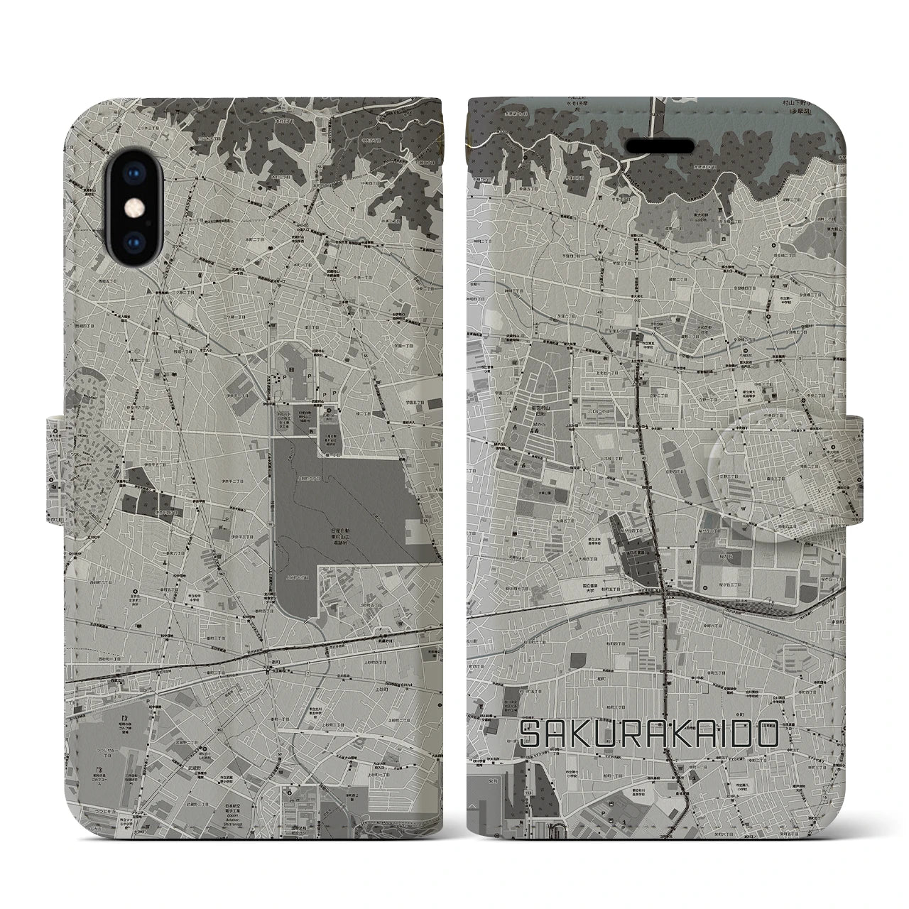 【桜街道(東京都)】地図柄iPhoneケース(手帳タイプ)モノトーン・iPhone XS / X 用