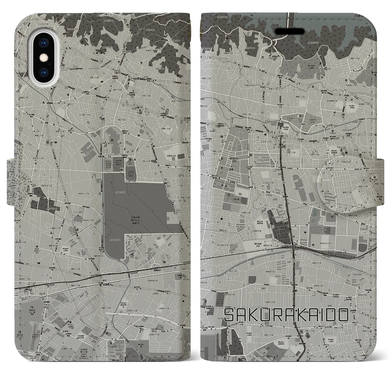 【桜街道(東京都)】地図柄iPhoneケース(手帳タイプ)モノトーン・iPhone XS Max 用