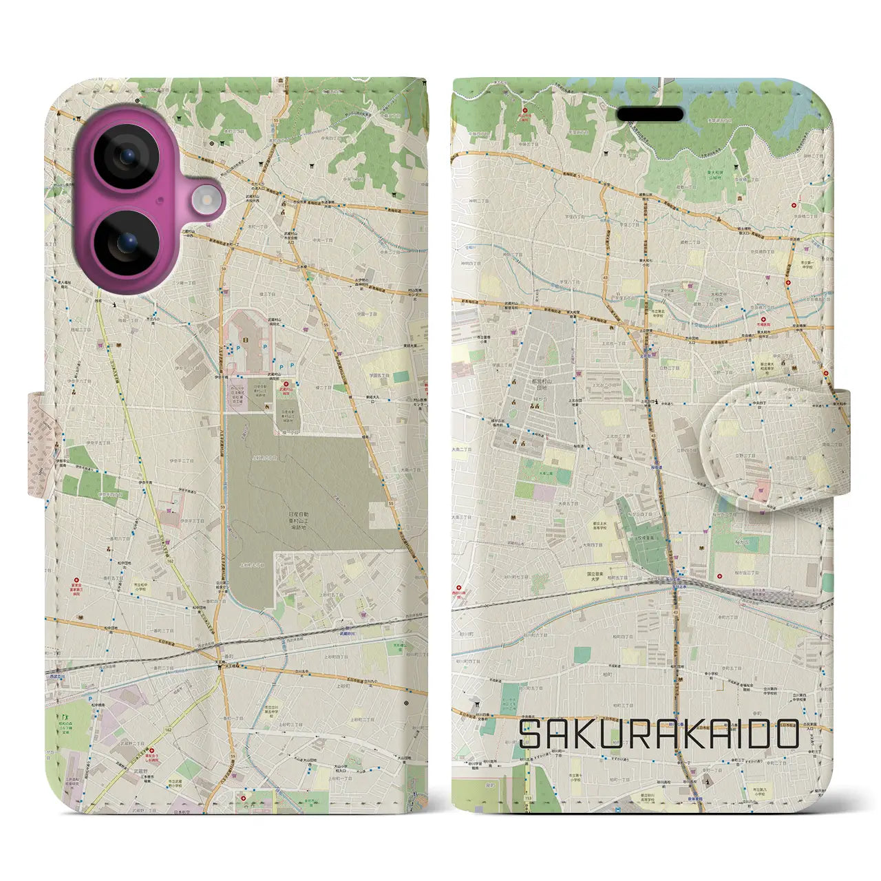 【桜街道(東京都)】地図柄iPhoneケース(手帳タイプ)ナチュラル・iPhone 16 Pro 用