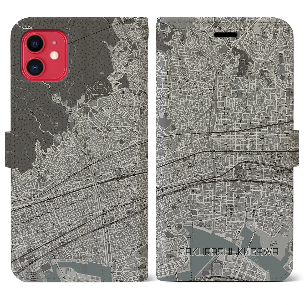【さくら夙川(兵庫県)】地図柄iPhoneケース(手帳タイプ)モノトーン・iPhone 11 用