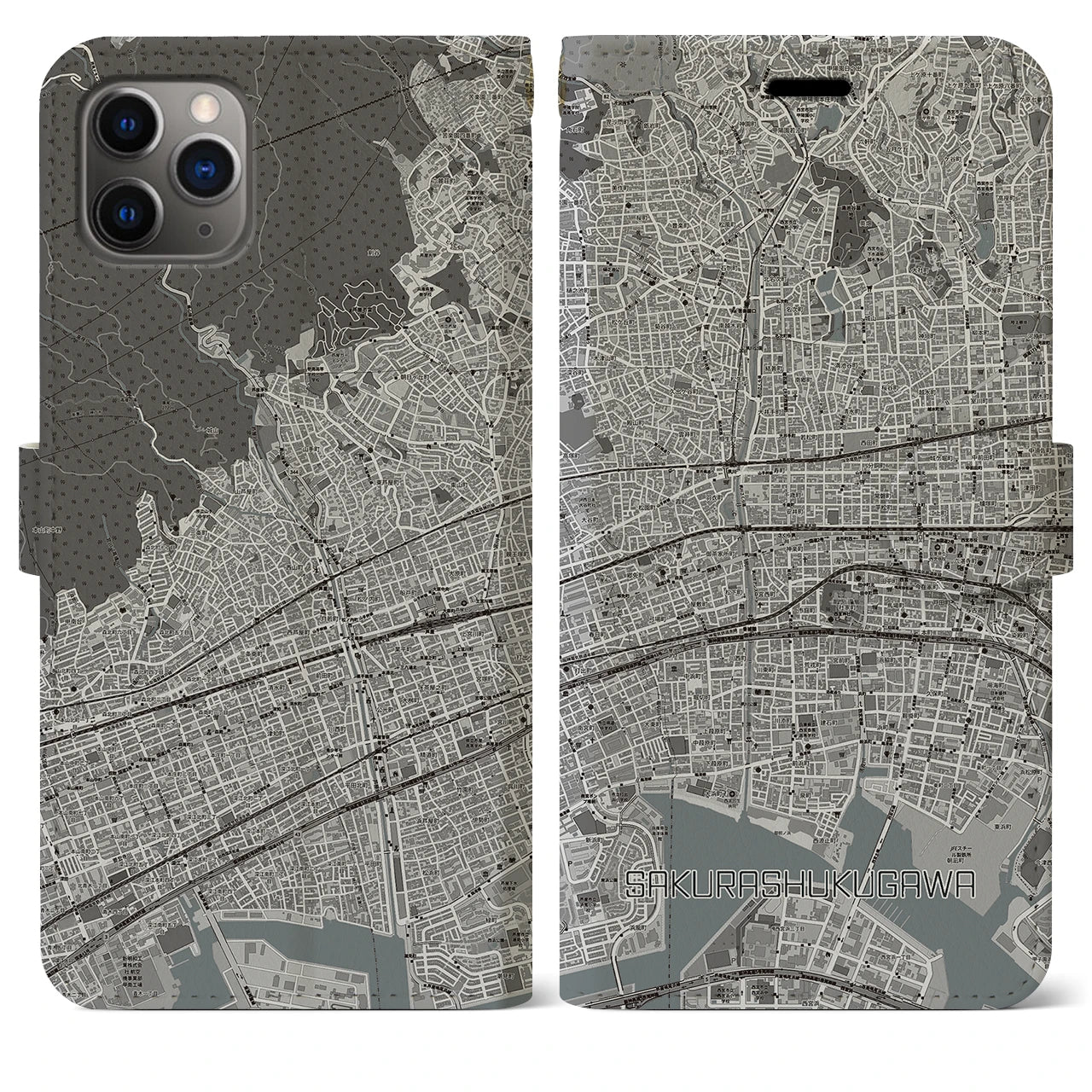 【さくら夙川(兵庫県)】地図柄iPhoneケース(手帳タイプ)モノトーン・iPhone 11 Pro Max 用