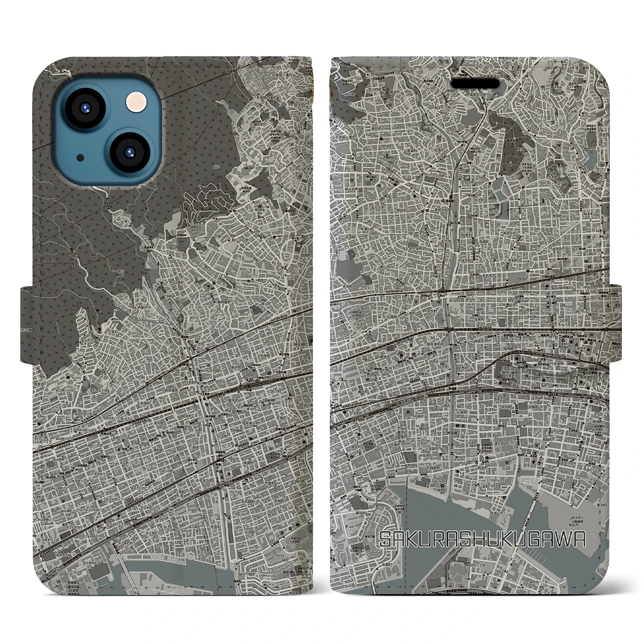 【さくら夙川(兵庫県)】地図柄iPhoneケース(手帳タイプ)モノトーン・iPhone 13 用
