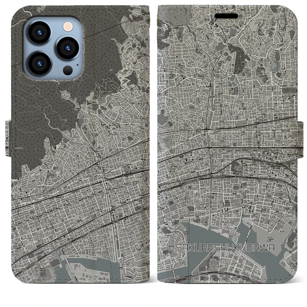 【さくら夙川(兵庫県)】地図柄iPhoneケース(手帳タイプ)モノトーン・iPhone 13 Pro Max 用