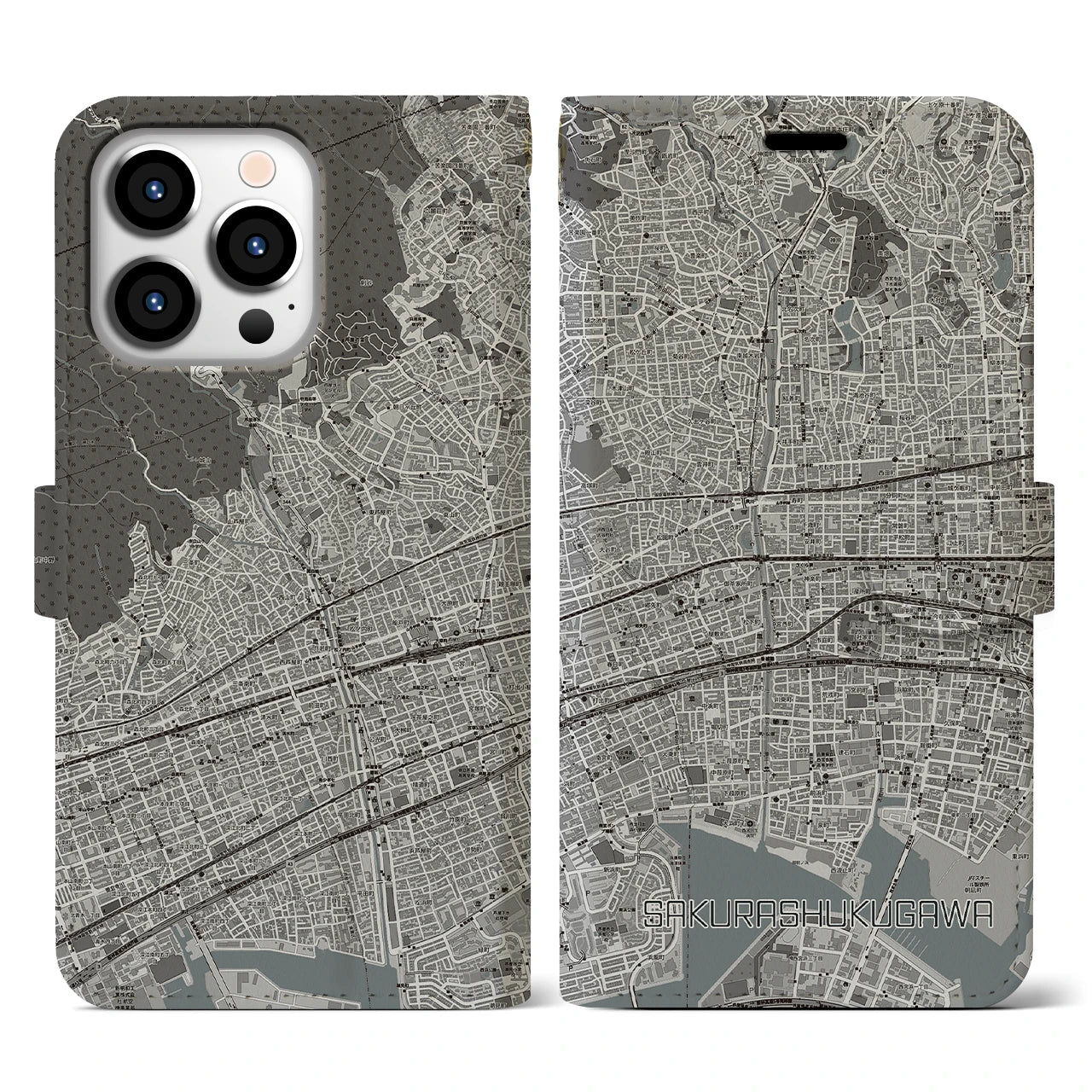 【さくら夙川(兵庫県)】地図柄iPhoneケース(手帳タイプ)モノトーン・iPhone 13 Pro 用