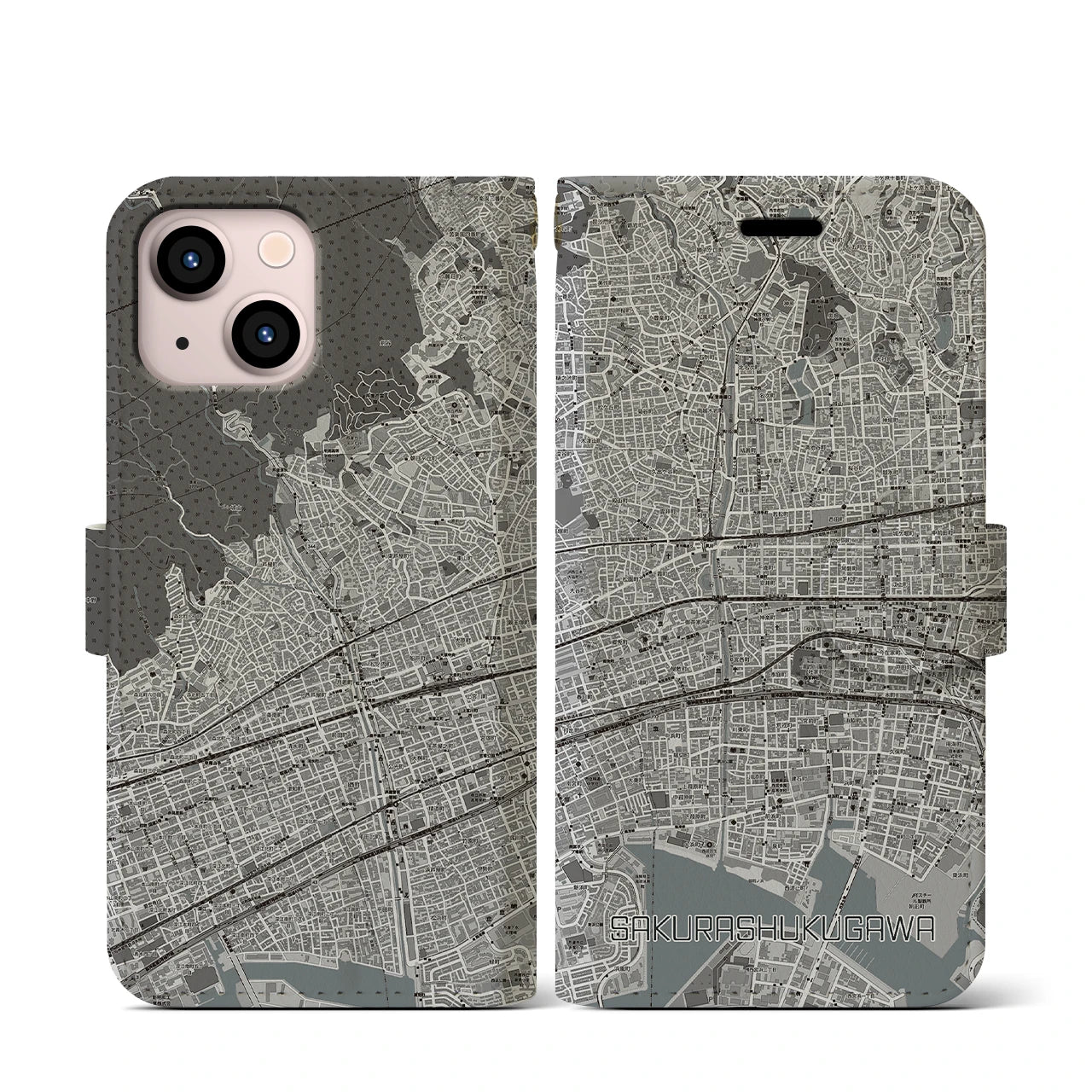 【さくら夙川(兵庫県)】地図柄iPhoneケース(手帳タイプ)モノトーン・iPhone 13 mini 用