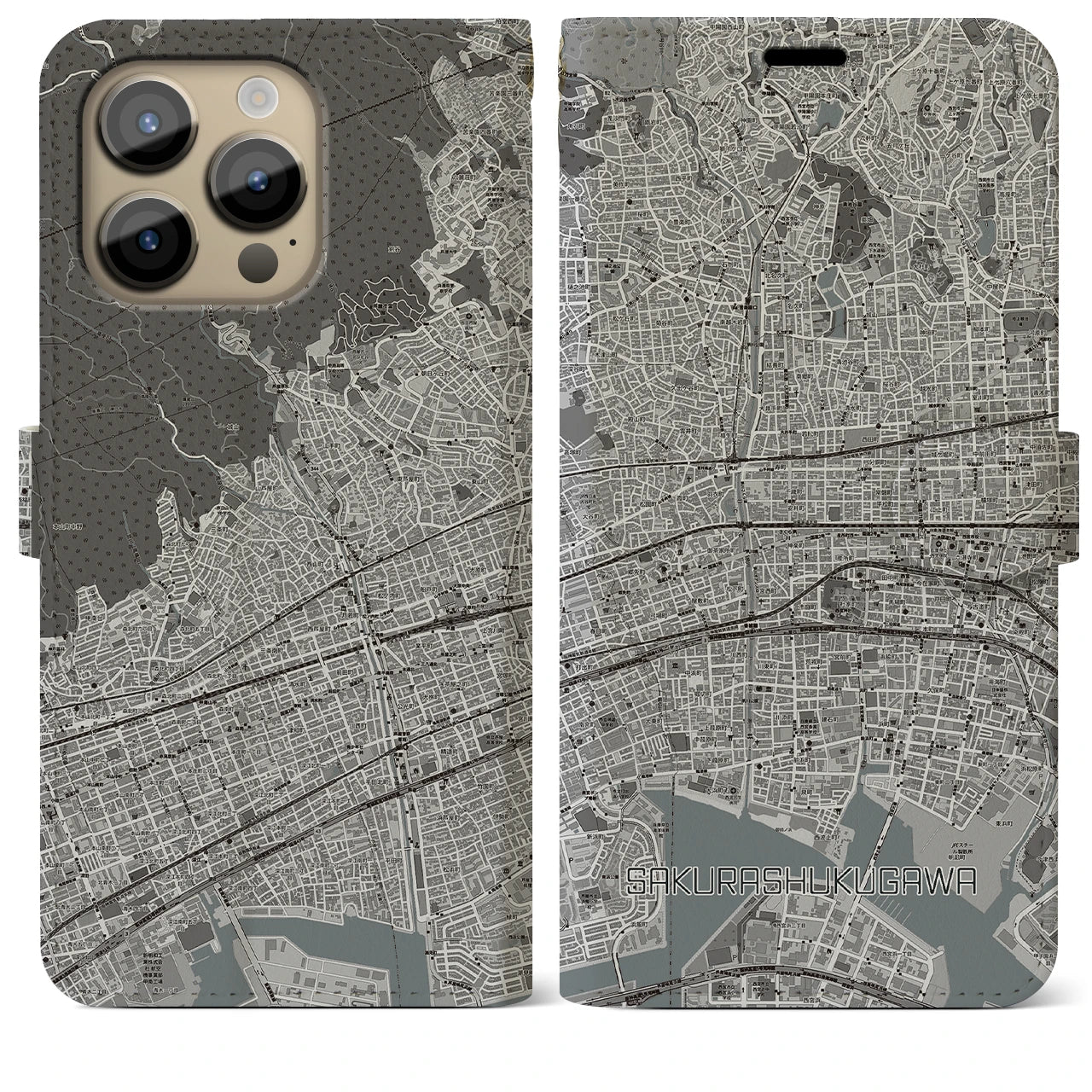 【さくら夙川(兵庫県)】地図柄iPhoneケース(手帳タイプ)モノトーン・iPhone 14 Pro Max 用