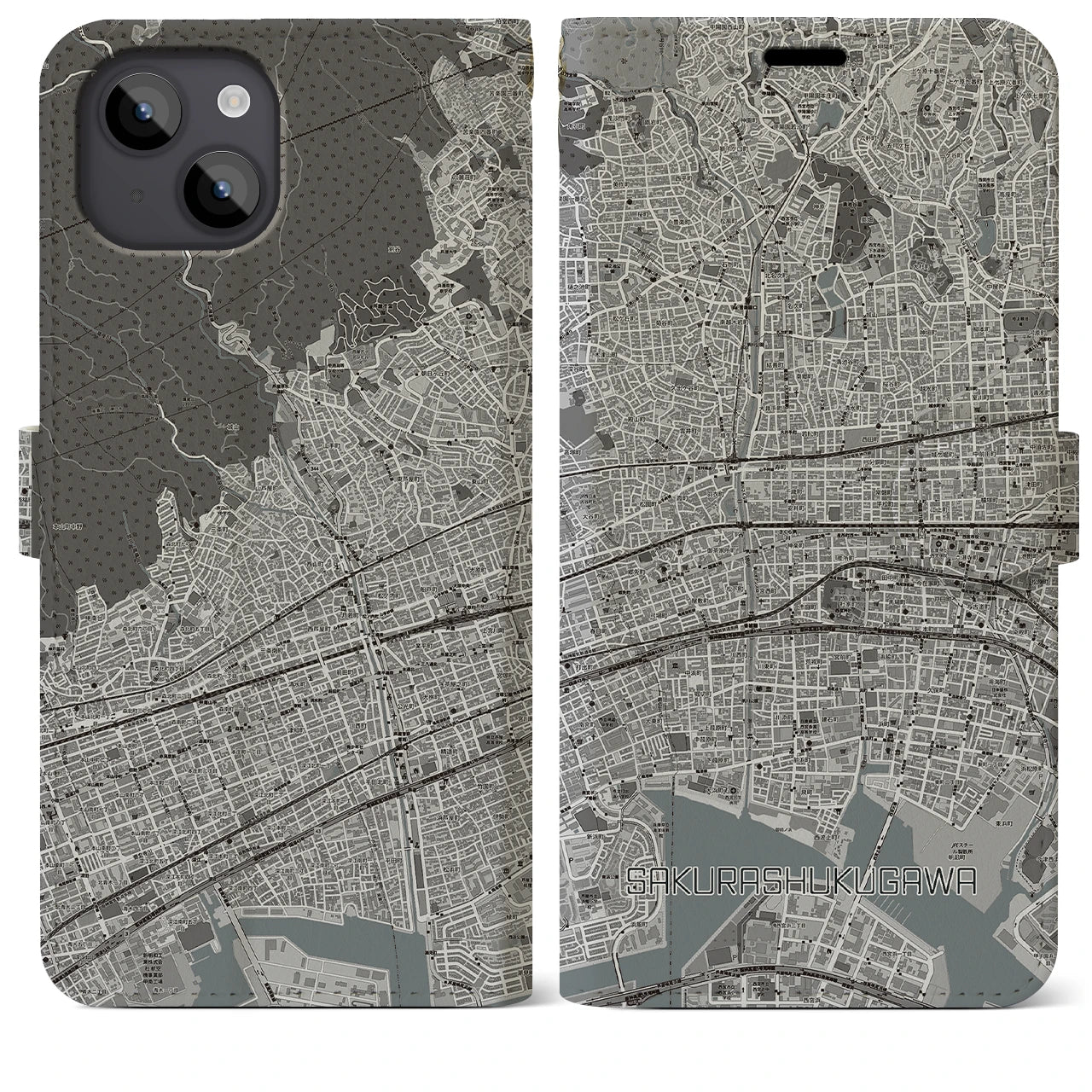 【さくら夙川(兵庫県)】地図柄iPhoneケース(手帳タイプ)モノトーン・iPhone 14 Plus 用