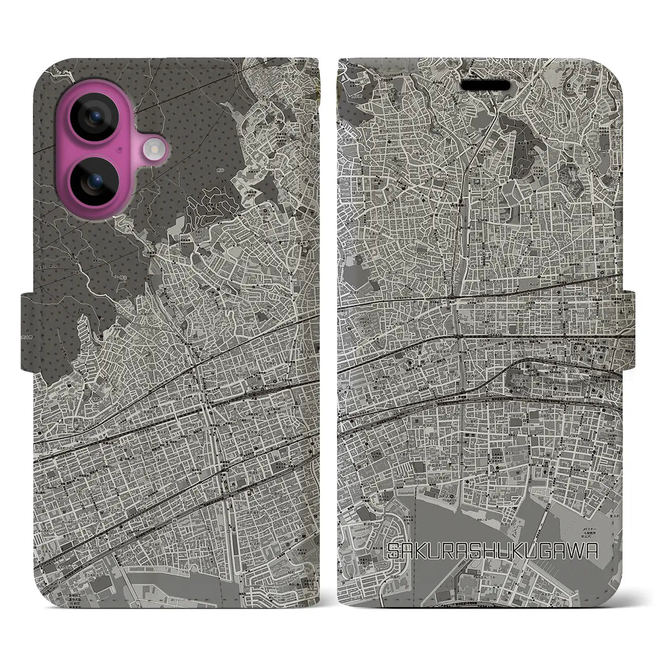 【さくら夙川(兵庫県)】地図柄iPhoneケース(手帳タイプ)モノトーン・iPhone 16 Pro 用